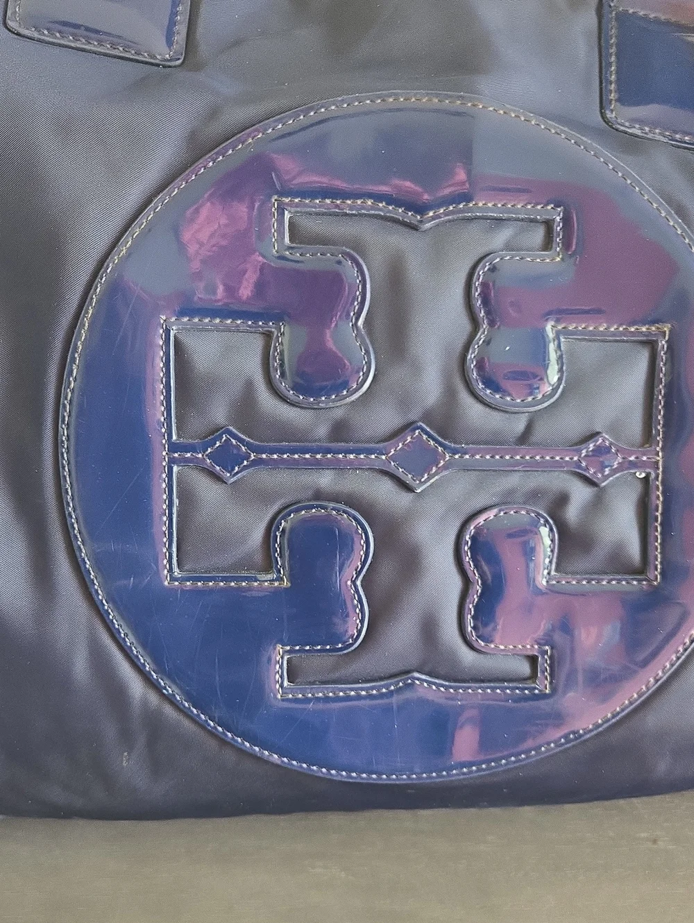 Tory Burch Navy Blue Nylon Tote with Patent Logo